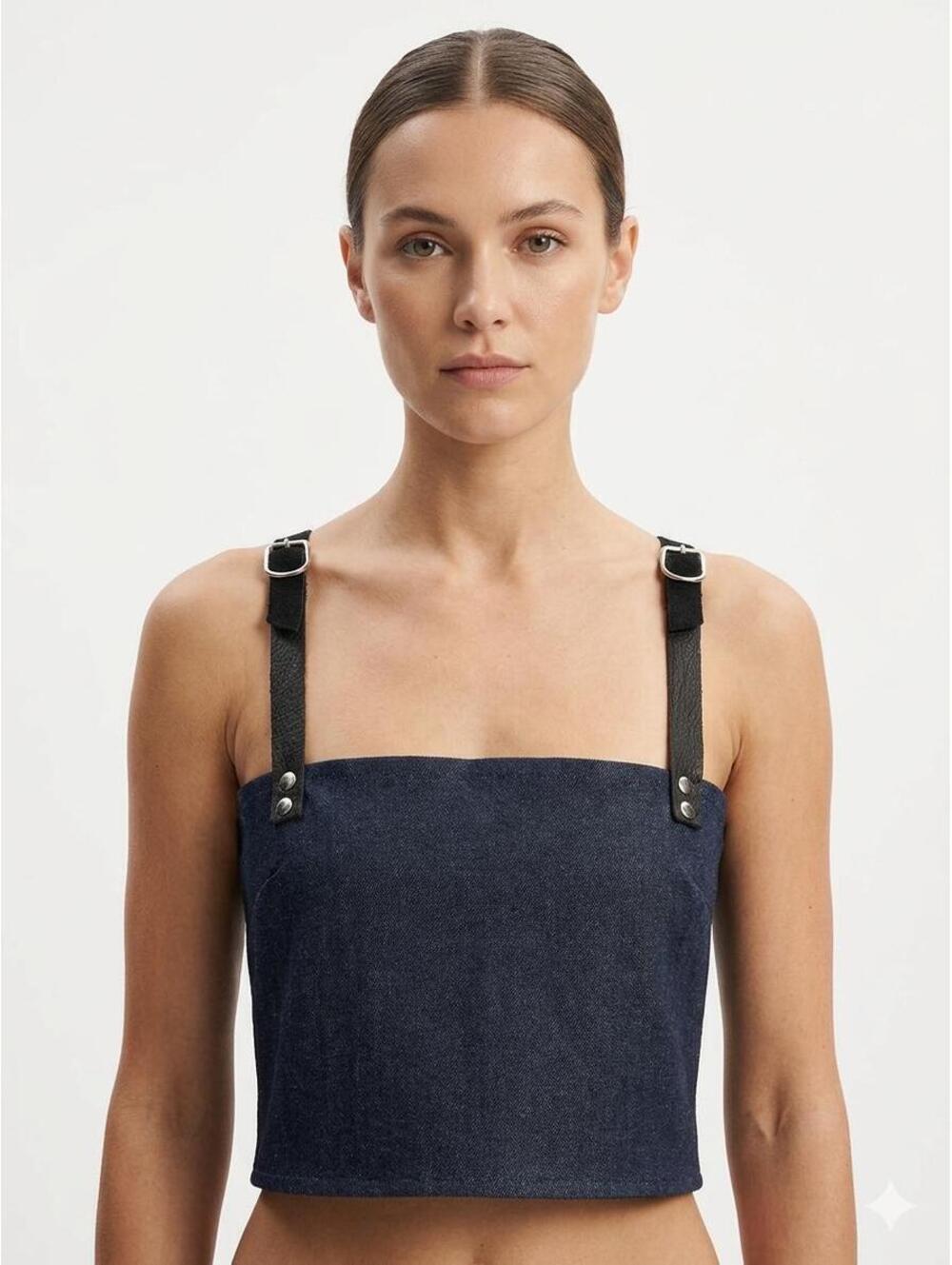 Handmade Blue Denim Crop Top with Black Leather Straps